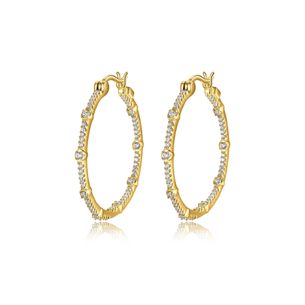 ELLE "Rodeo Drive" Sterling Silver Cubic Zirconia Station Hoop Earrings - Gold