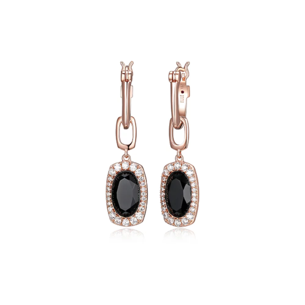 ELLE "Aureole" Sterling Silver Oval Black Agate and Cubic Zirconia Leverback Earrings - Rose Gold