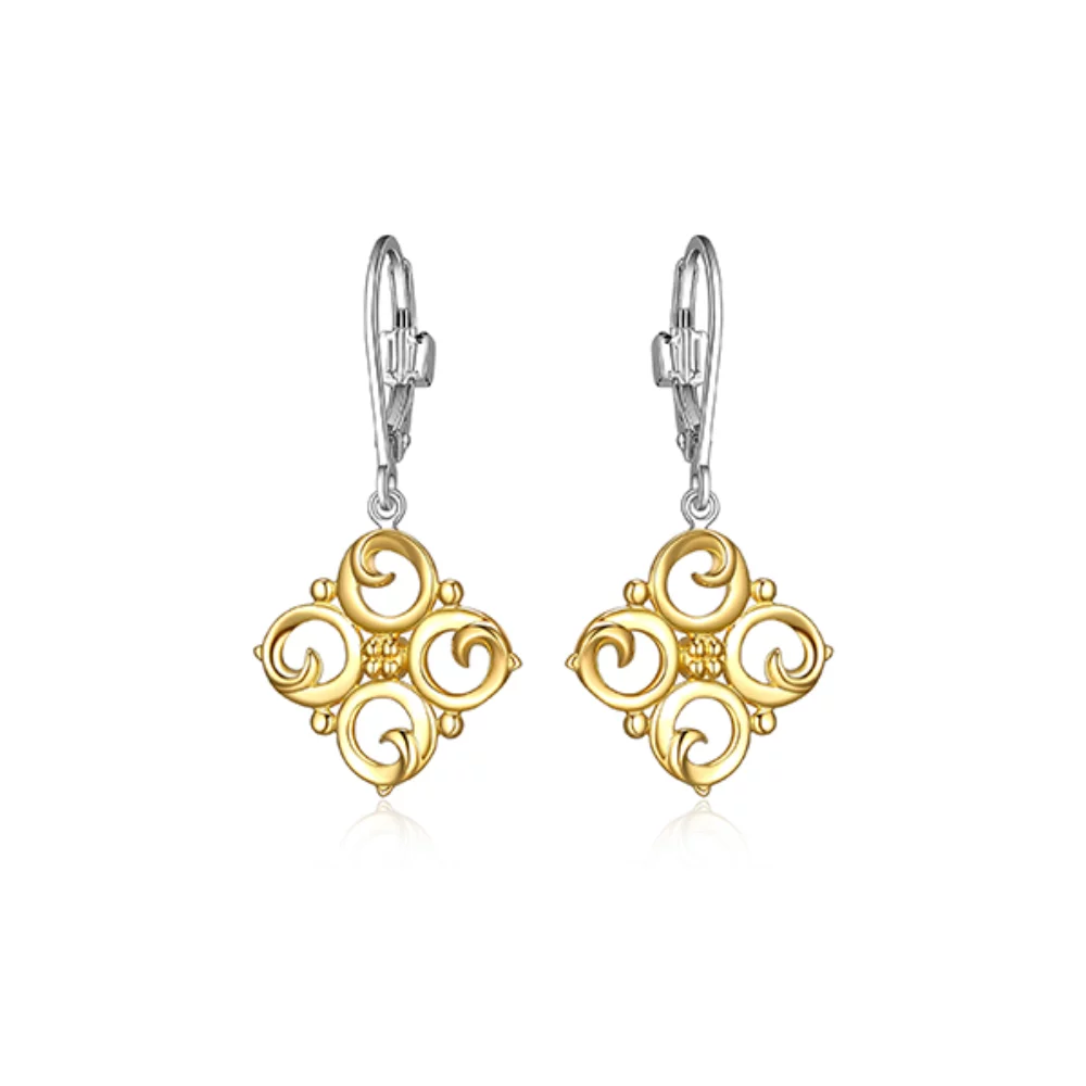 ELLE "Venice" Sterling Silver Swirl Motif Dangle Earrings - Silver and Gold