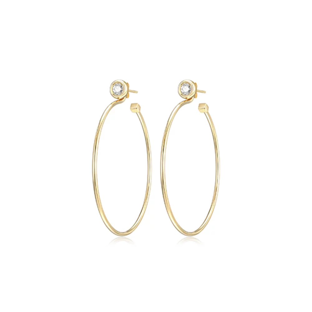 ELLE "Bubble" Sterling Silver 2 in 1, CZ Bezel Set Stud and Removable Hoop Earrings - Gold