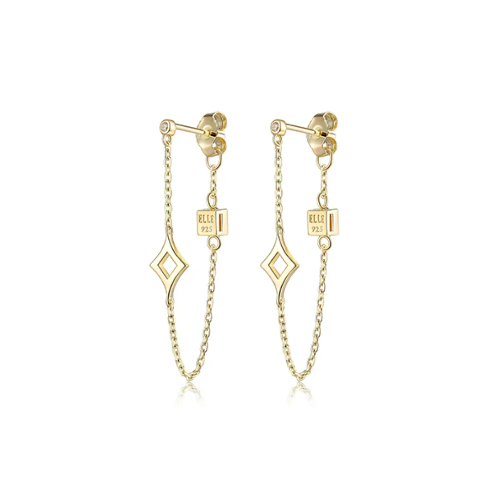 ELLE "Stellar" Sterling Silver Plain Rhombus with Cubic Zirconia Stud and Chain Earrings - Gold