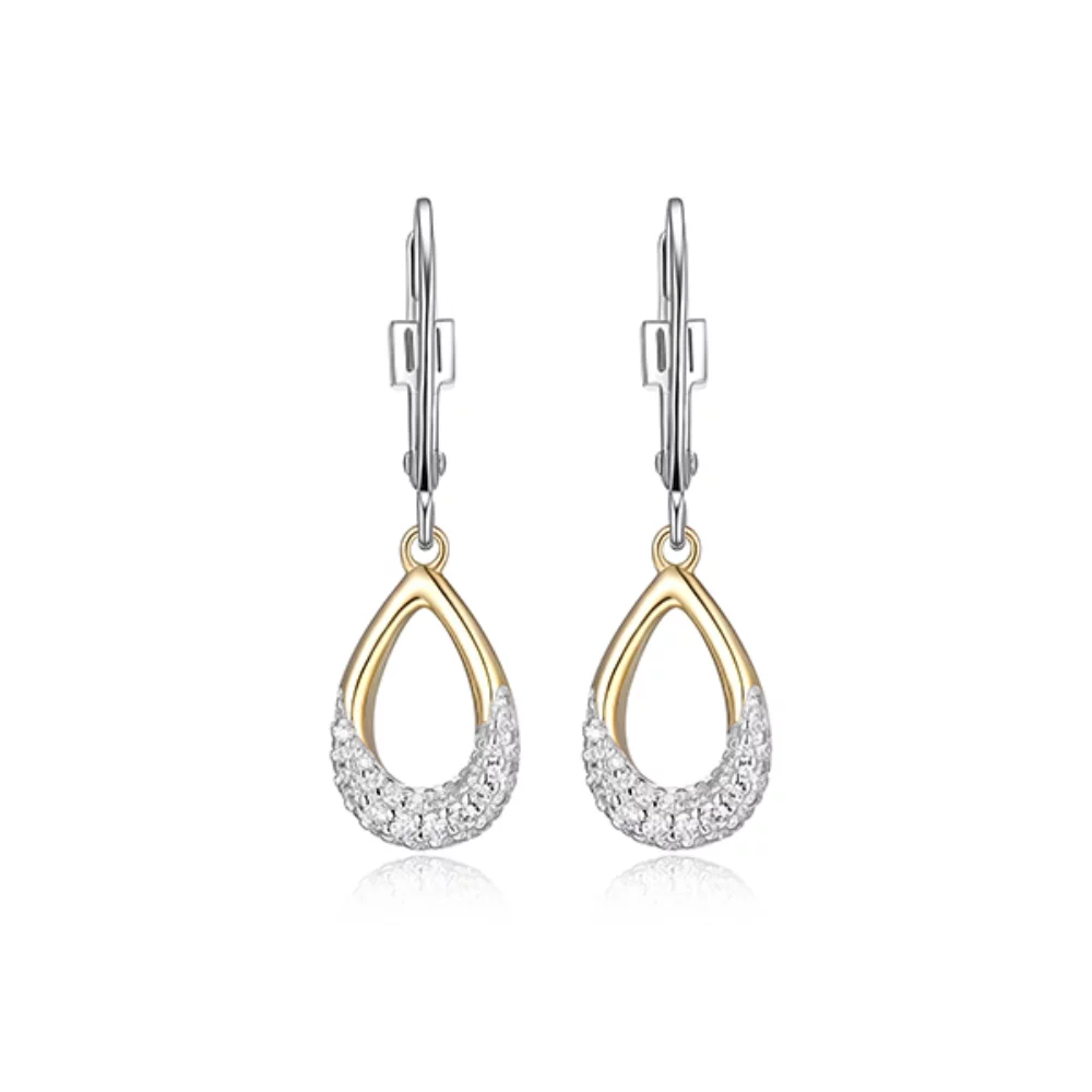 BOUCLES D'OREILLES PENDANTES "Caramel" en forme de poire avec zircones cubiques sertis et pavés - Argent et Or