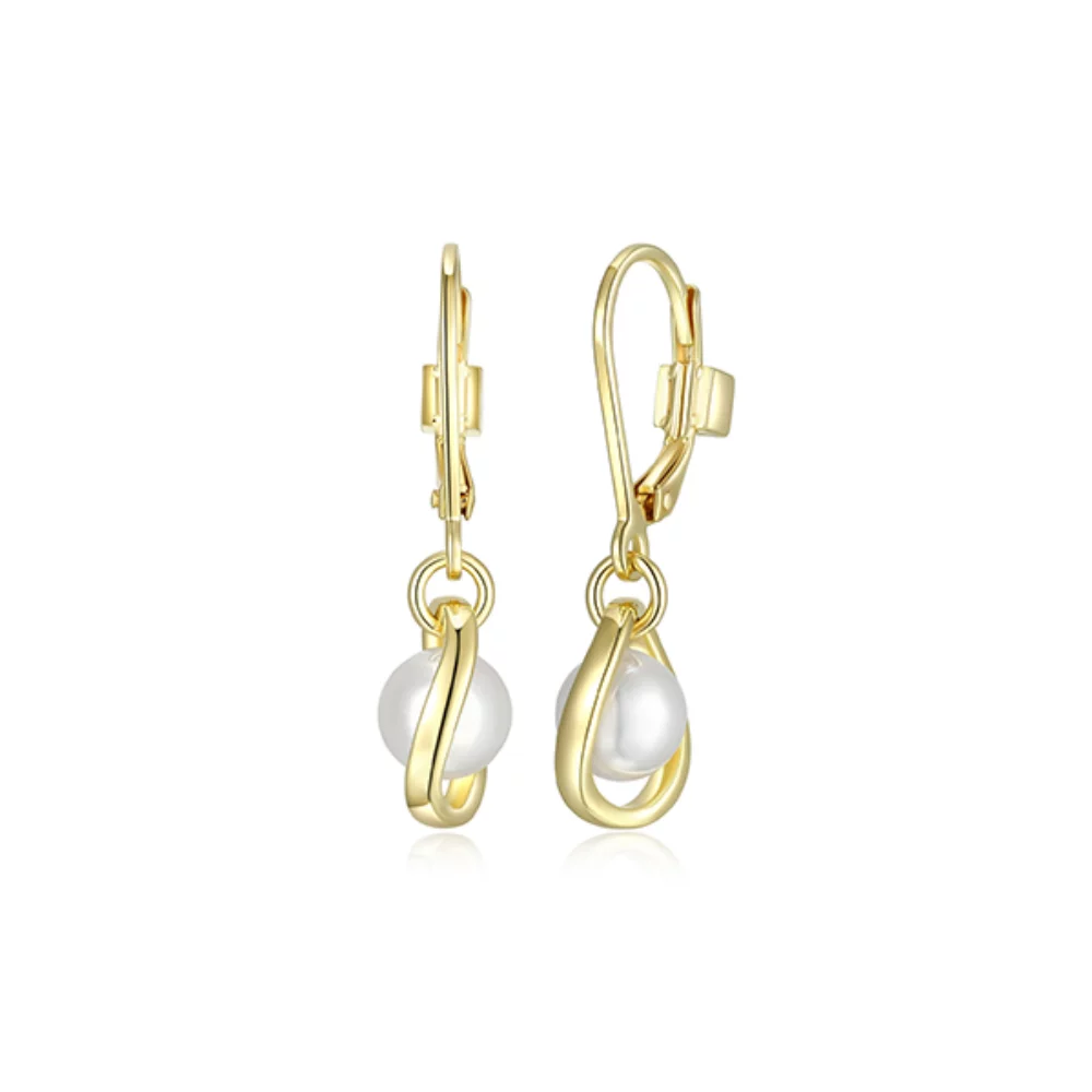ELLE "Luna" Sterling Silver White Pearl Drop Lever Back Earrings - Gold