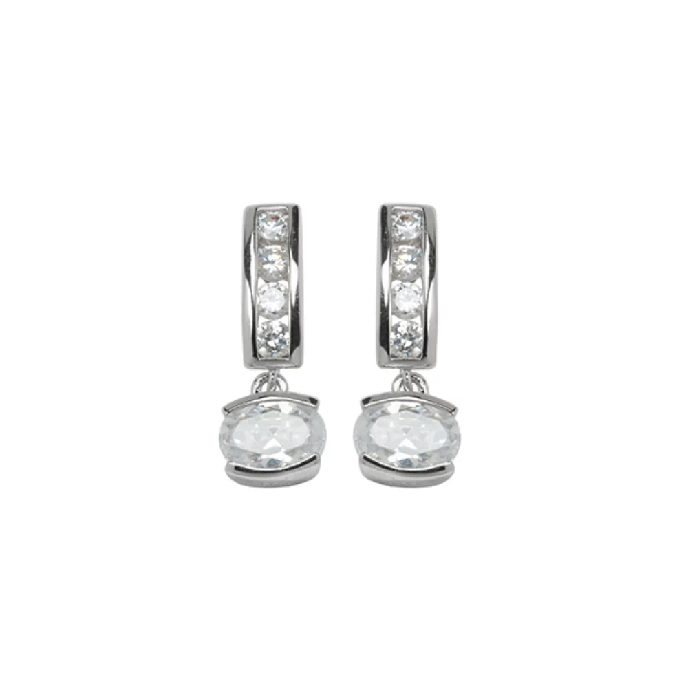 ELLE "Core Essentials " Sterling Silver Oval Drop Cubic Zirconia Earrings - Silver