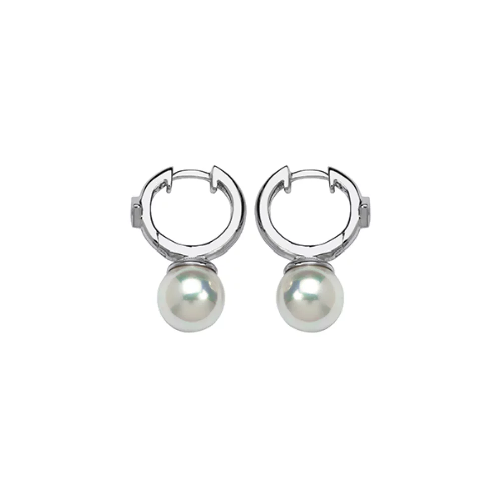 ELLE "Core Essentials " Sterling Silver White Pearl Shell Hoop Earrings - Silver