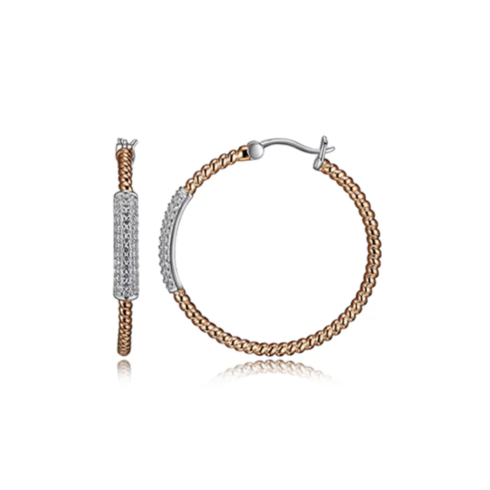 Charles Garnier Sterling Silver "LINQ" 35mm Spiral Texture Round Hoop Earrings with CZ - Rose Gold