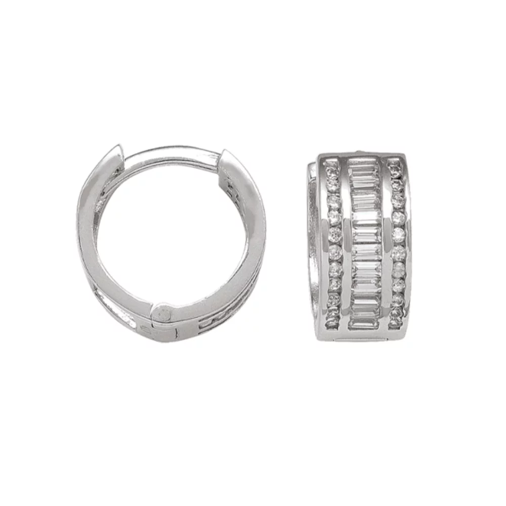 10K Silver Cubic Zirconia Round Hoop Earrings