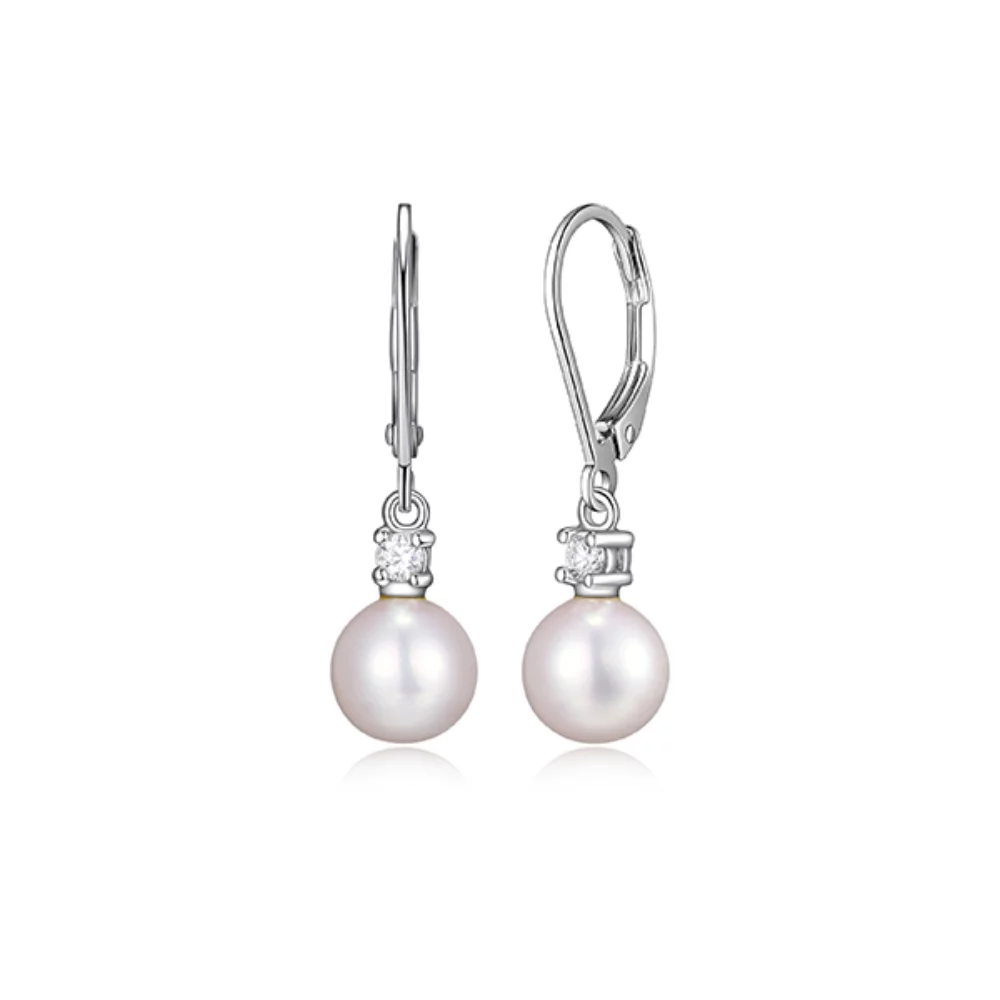 Diamondlite Cubic Zirconia and Genuine Pearl Drop Leverback Earrings - Silver