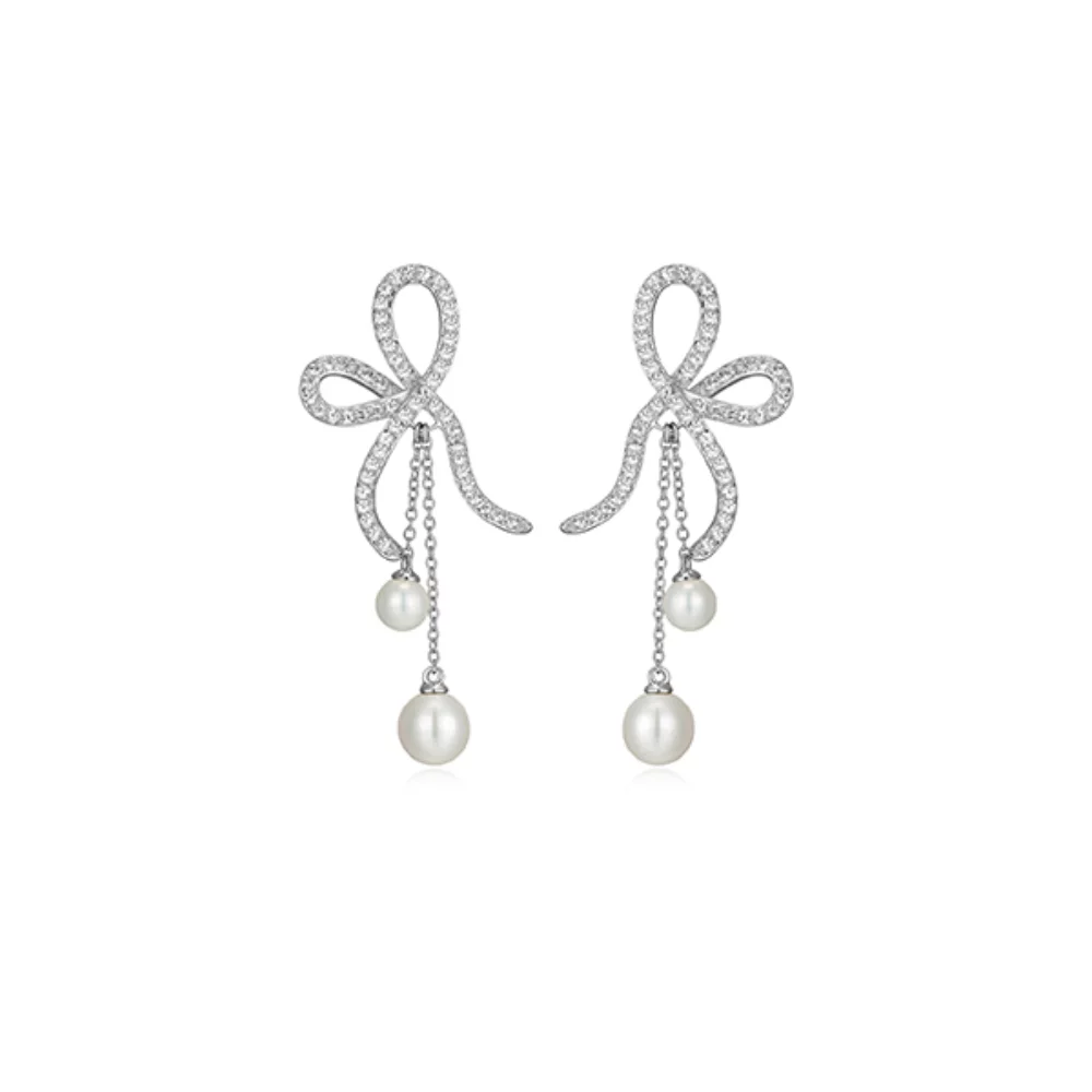 Diamondlite Cubic Zirconia & 8mm Shell Pearl Bow Earrings - Silver