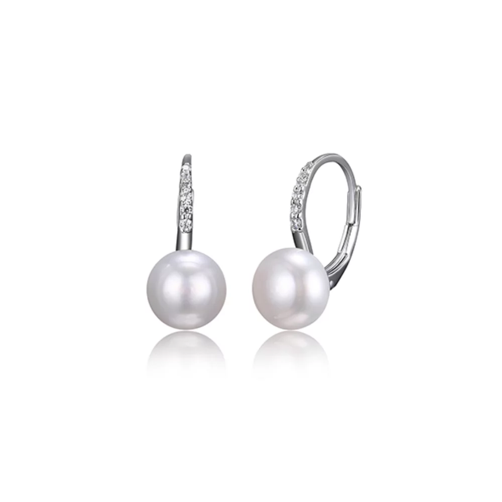 Diamondlite Cubic Zirconia 7.5mm Genuine Pearl Leverback Earrings - Silver