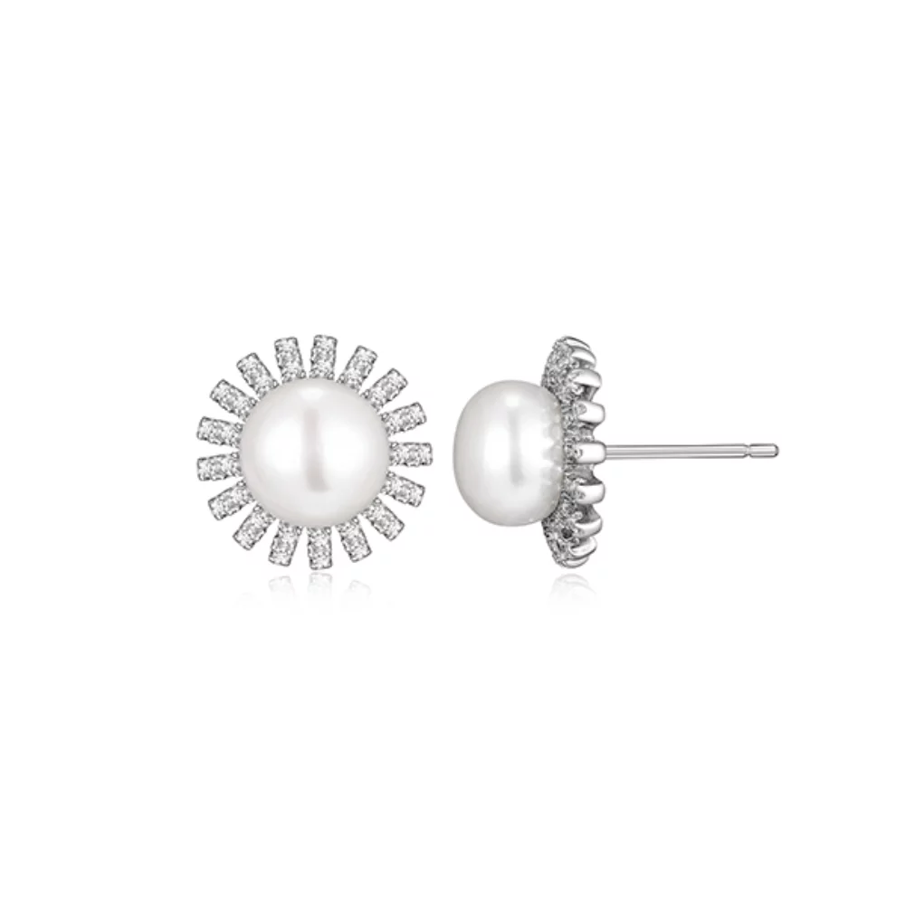 Diamondlite Cubic Zirconia and Genuine Embellished Pearl Stud Earrings - Silver