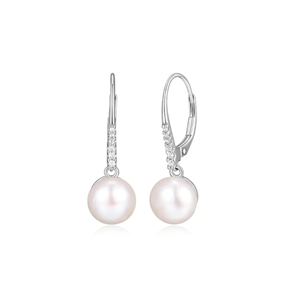 Diamondlite Cubic Zirconia 8.5mm Round Genuine Pearl Drop Leverback Earrings in sterling silver.