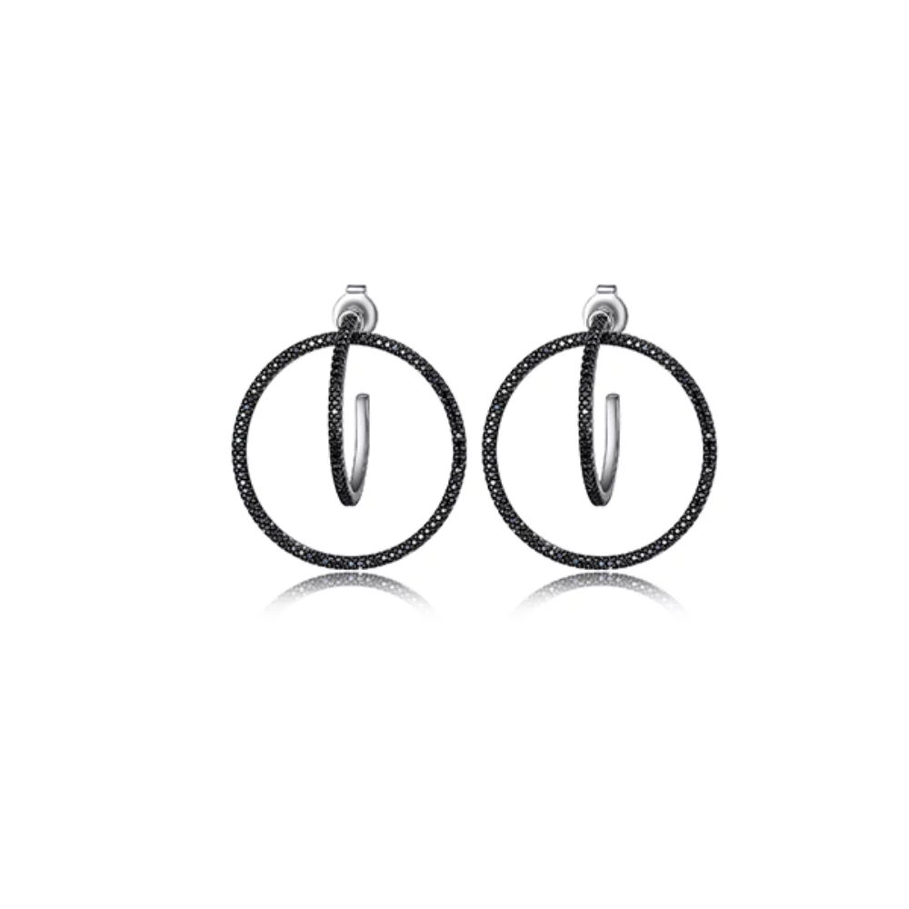 Genuine Black Spinel Two-tone Front & Back Hoop Earrings