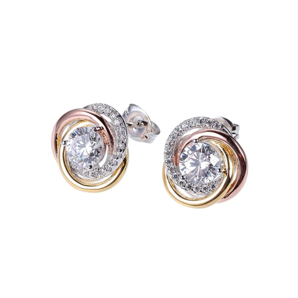 Boucles d'oreilles nœud d'amour tricolore rondes en zircone cubique Diamondlite de 5,5 mm.