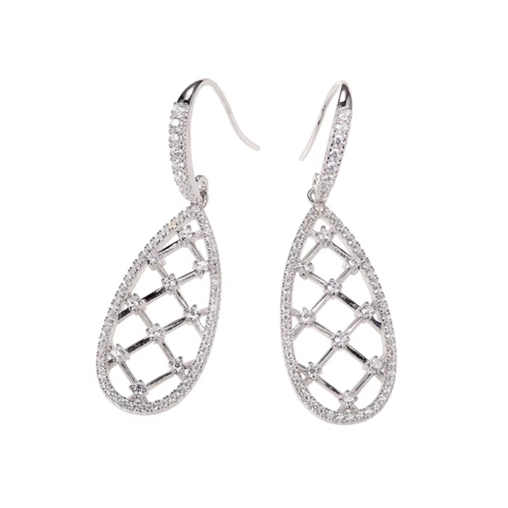 Boucles d'oreilles en zircone cubique en forme de goutte d'eau avec motif en treillis en argent Diamondlite