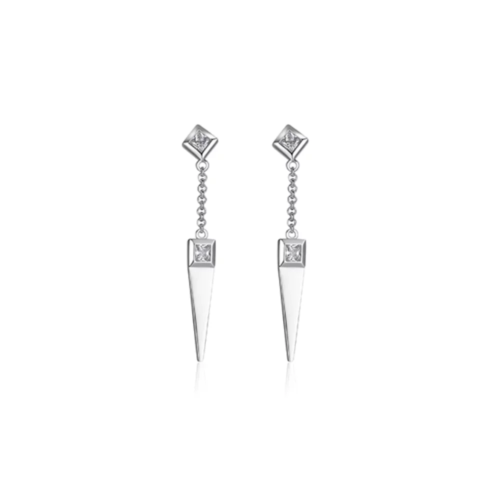 Diamondlite Cubic Zirconia Sleek Square Bezel Pointed Chain Drop Earrings - Silver