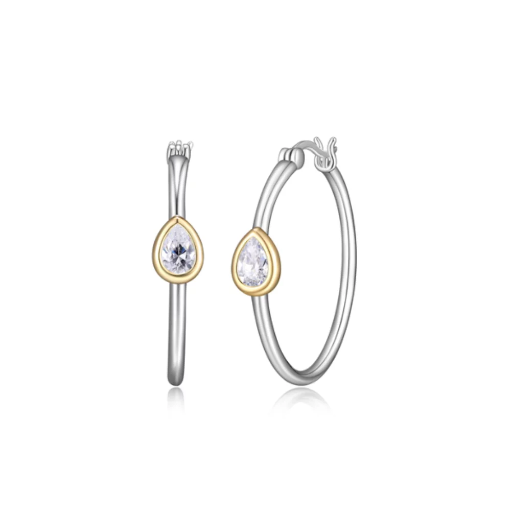 Diamondlite Cubic Zirconia Pear Bezel Hoop Earrings - Silver and Gold