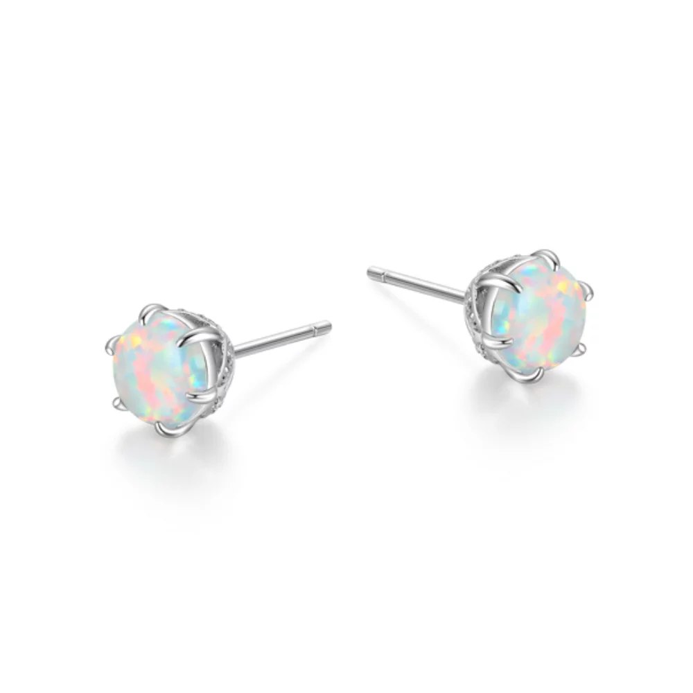 Boucles d'oreilles clous en zircone cubique Diamondlite et opale synthétique à 6 griffes - Argent