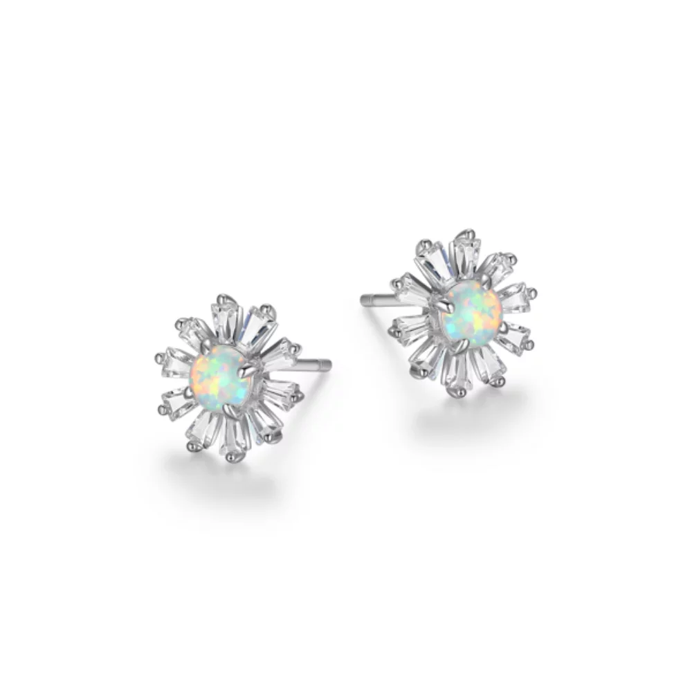 Diamondlite Cubic Zirconia and Created Opal Baguette Flower Stud Earrings - Silver