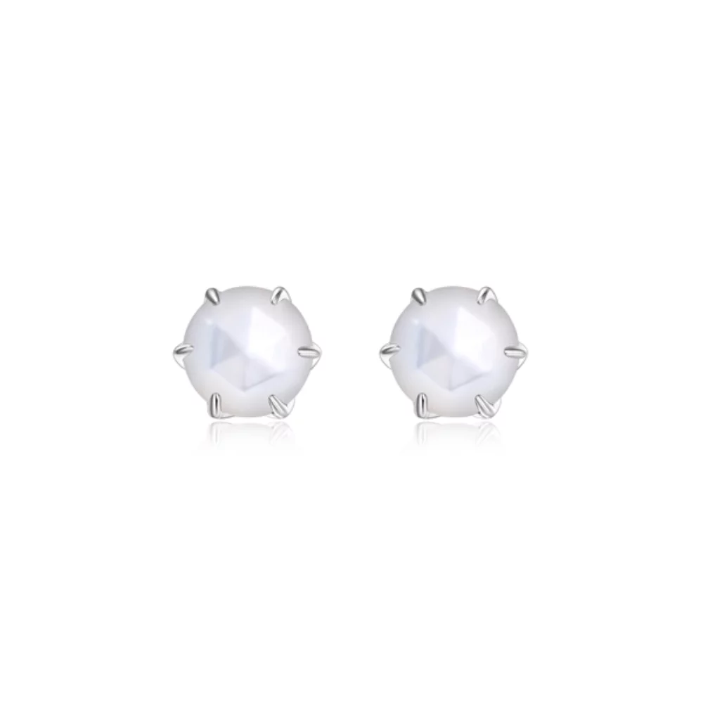Fleur De Vie 6mm Round Genuine Mother of Pearl Earrings - Silver