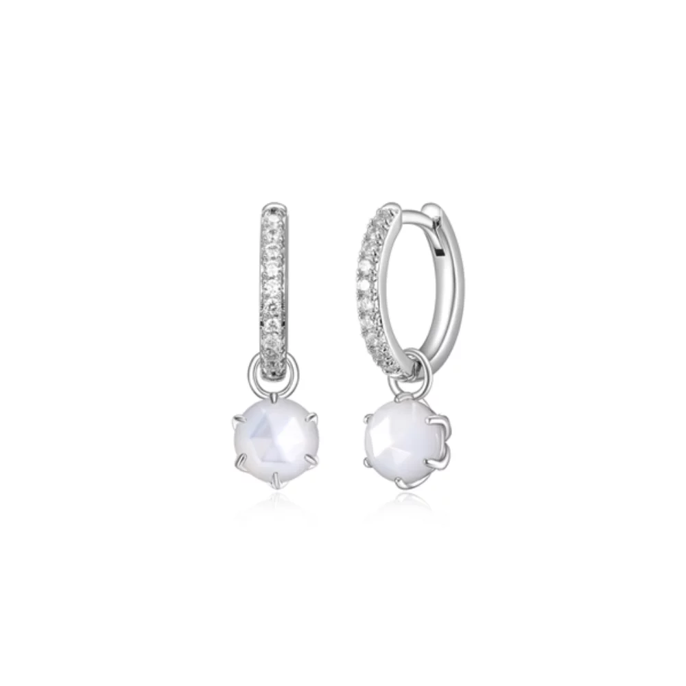 Fleur De Vie Diamondlite CZ and Mother of Pearl 2-in-1 Huggie Earrings - Silver