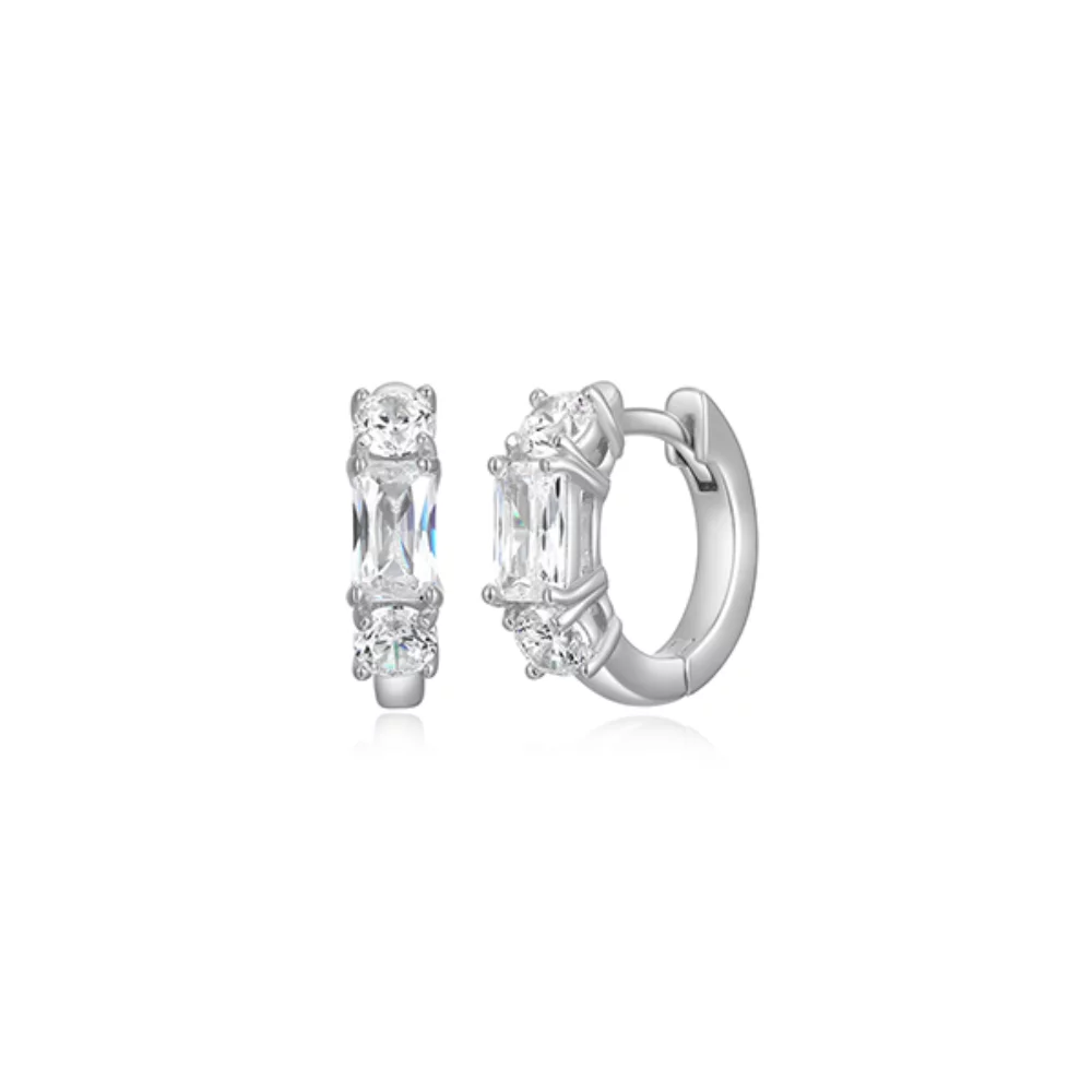 Diamondlite Cubic Zirconia Emerald and Round 13mm Round Huggie Hoop Earrings - Silver