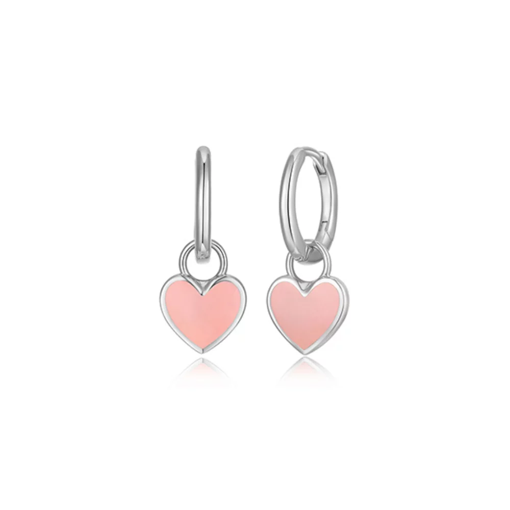 Boucles d'oreilles huggie réversibles et amovibles en forme de cœur en émail rose - argent