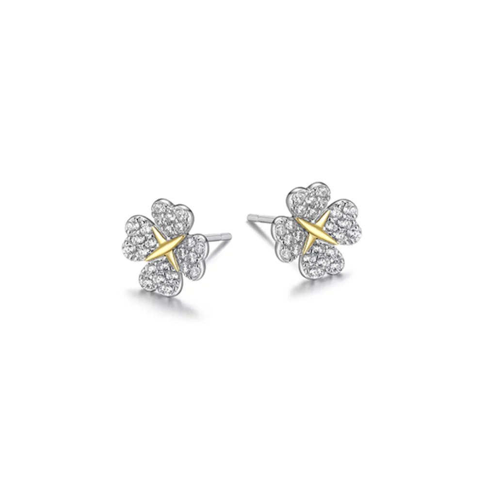 Diamondlite Cubic Zirconia Love and Kisses Clover Stud Earrings - Silver and Gold