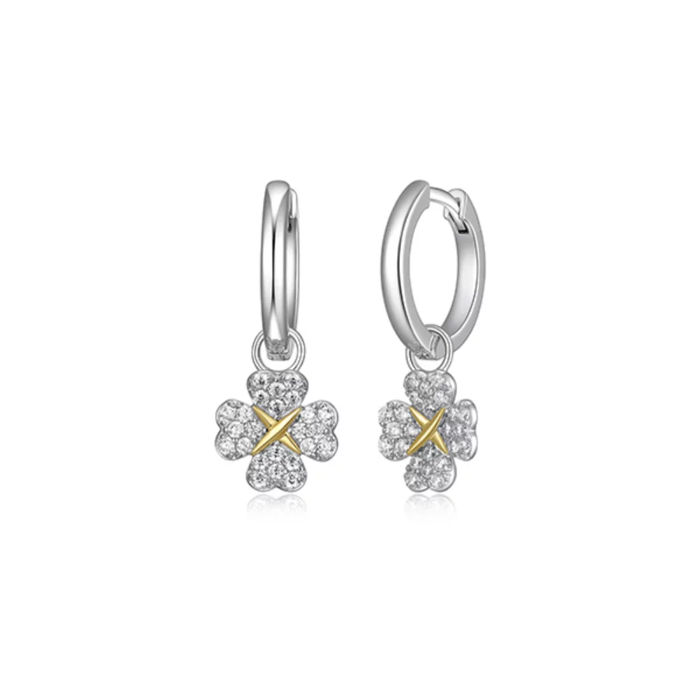 Diamondlite Cubic Zirconia 2-in-1 Love and Kisses Clover Charm Huggie Earrings - Silver and Gold