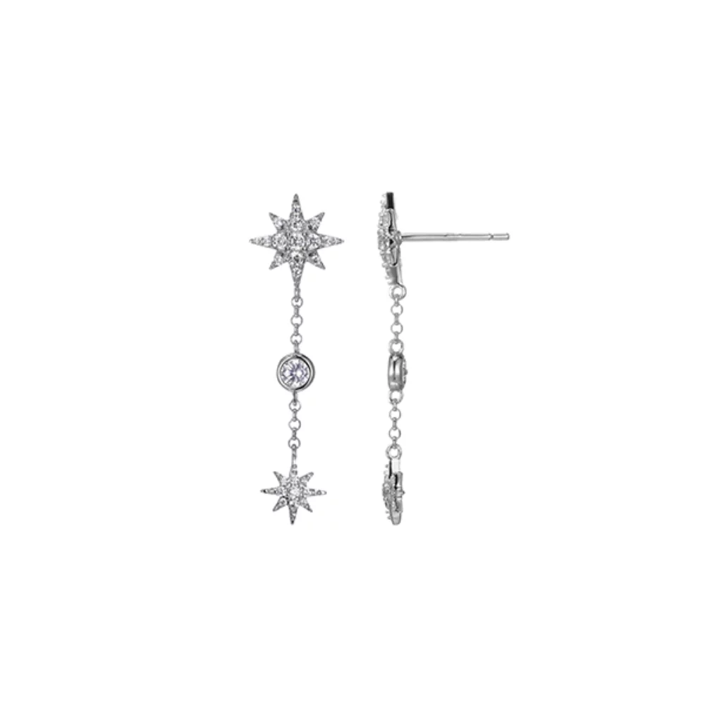 Boucles d'oreilles station à double étoile en zircone cubique Diamondlite de déesse - argent