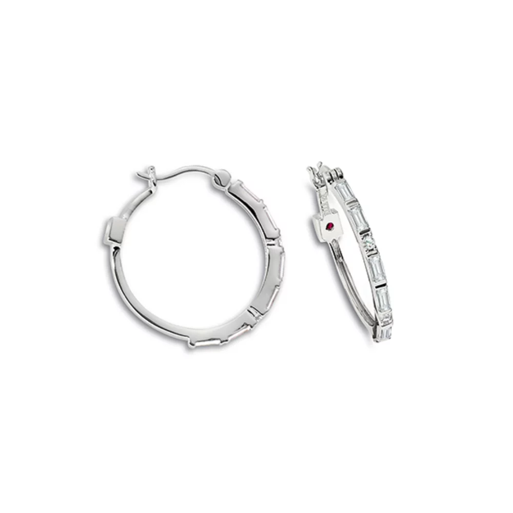 ELLE "Hoops" Sterling Silver Baguette Cubic Zirconia Hoop Earrings - Silver