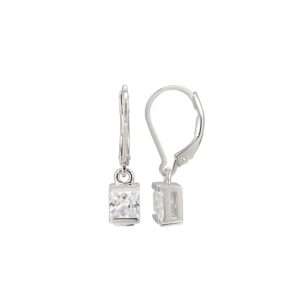 ELLE "Core Essentials " Sterling Silver Princess Cut Cubic Zirconia Leverback Earrings - Silver