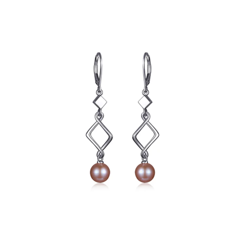ELLE "Majestic" Sterling Silver Genuine Pink Pearl Long Leverback Earrings - Silver