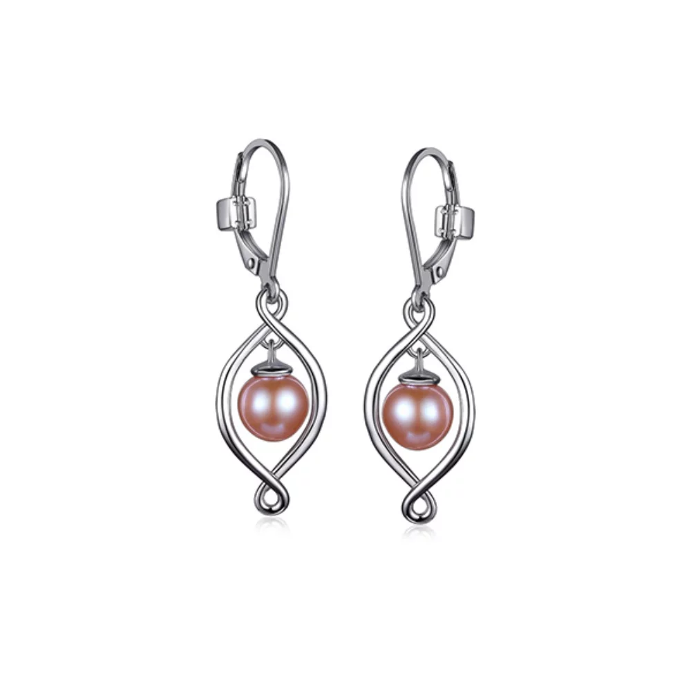 ELLE "Majestic" Sterling Silver Genuine Pink Pearl Short Leverback Earrings - Silver