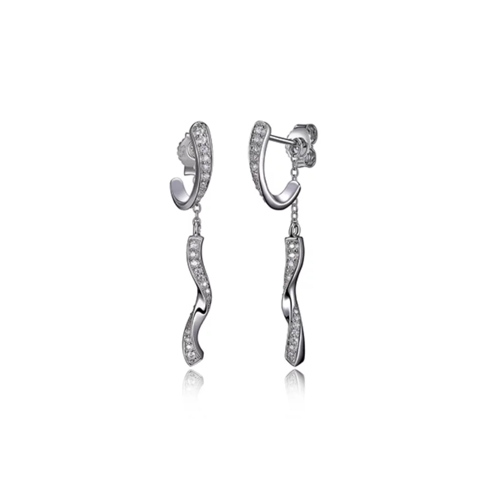 ELLE "Ocean" Sterling Silver Front and Back Cubic Zirconia Dangle Cuff Post Earrings - Silver