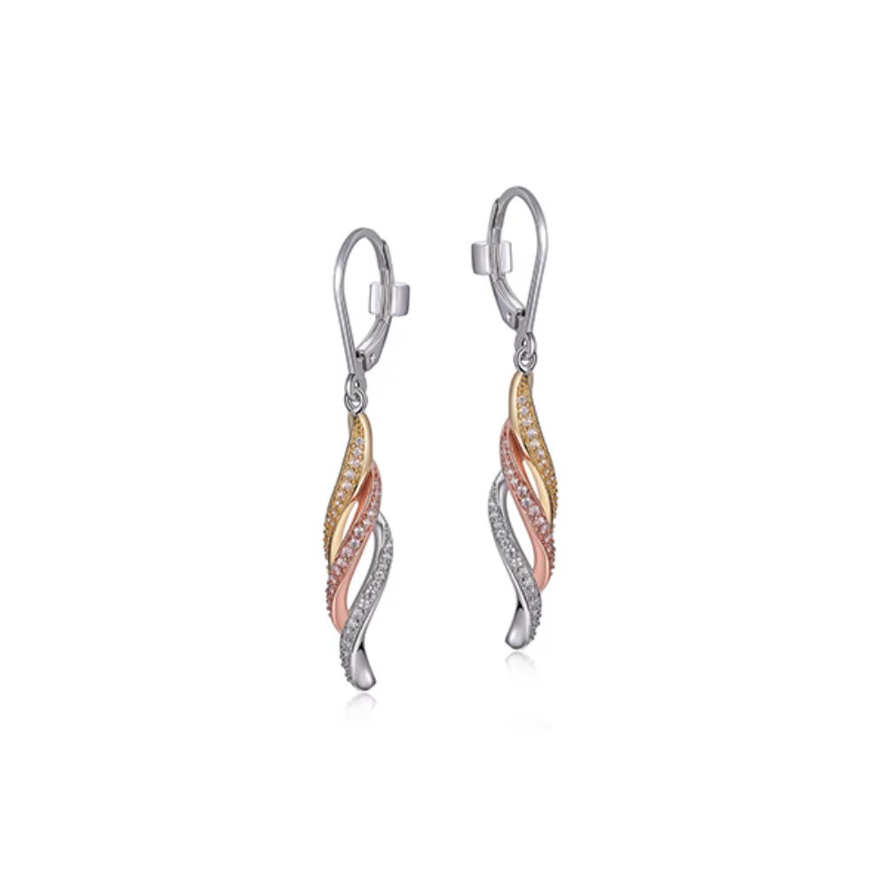 ELLE "Ocean" Sterling Silver Twisted Cubic Zirconia Leverback Earrings - Silver, Gold and Rose