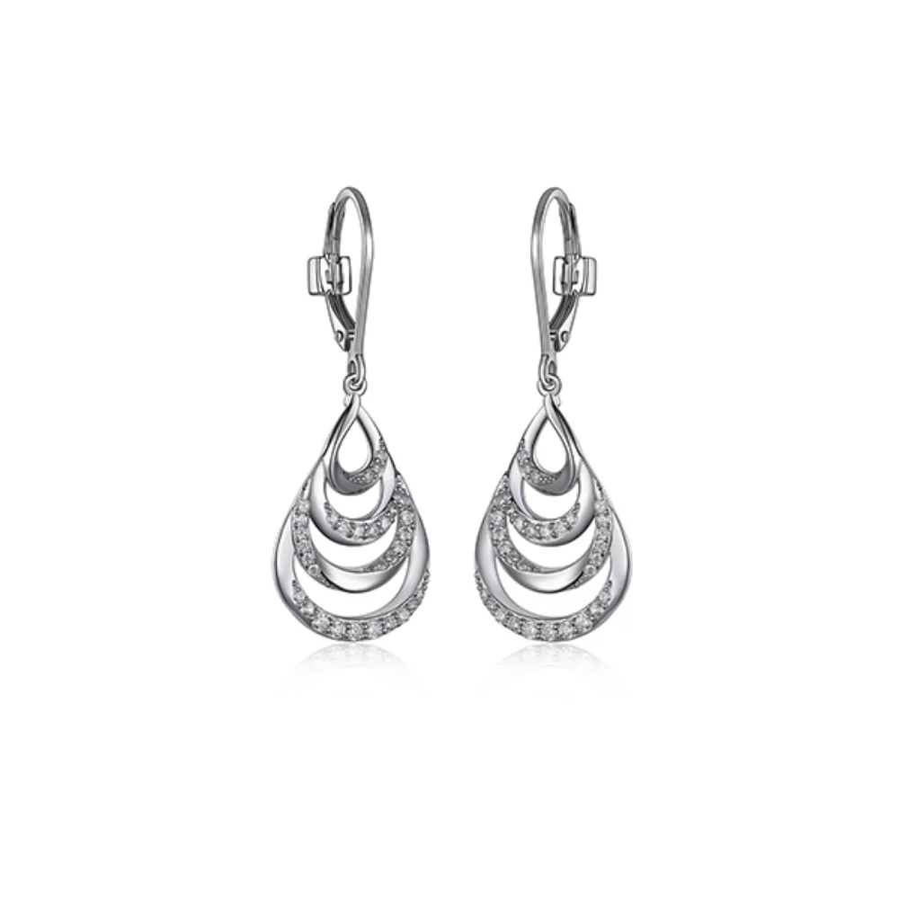 ELLE "Majestic" Sterling Silver Overlap Cubic Zirconia Wave Leverback Earrings - Silver