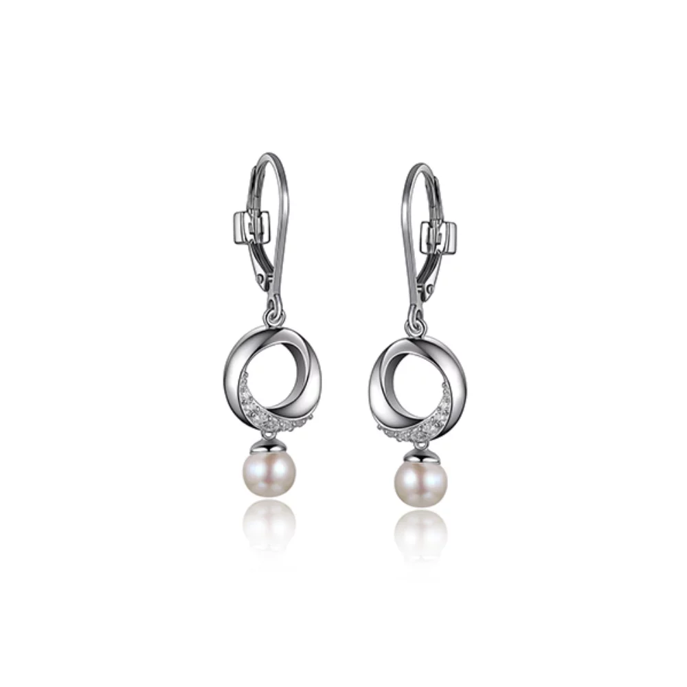 ELLE "Majestic" Sterling Silver Genuine Pearl and Cubic Zirconia Dangle Leverback Earrings - Silver