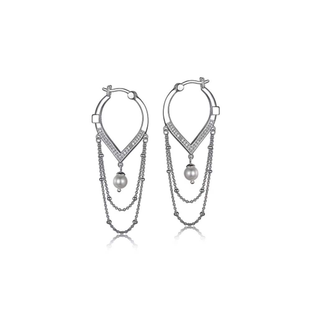 ELLE "Majestic" Sterling Silver Pearl and CZ "V" shaped Chain and Bead Hoop Earrings - Silver