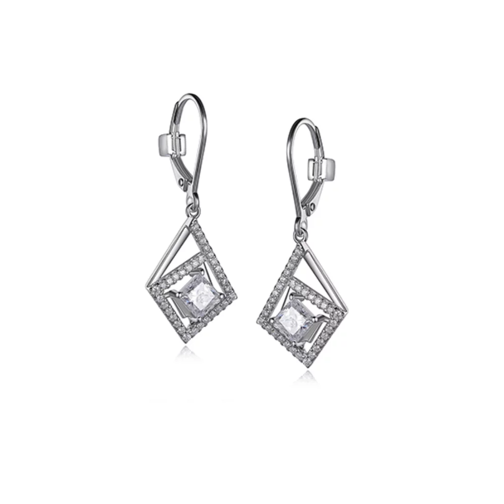 ELLE "Promise" Sterling Silver Fancy Diamond Shape Cubic Zirconia Leverback Earrings - Silver