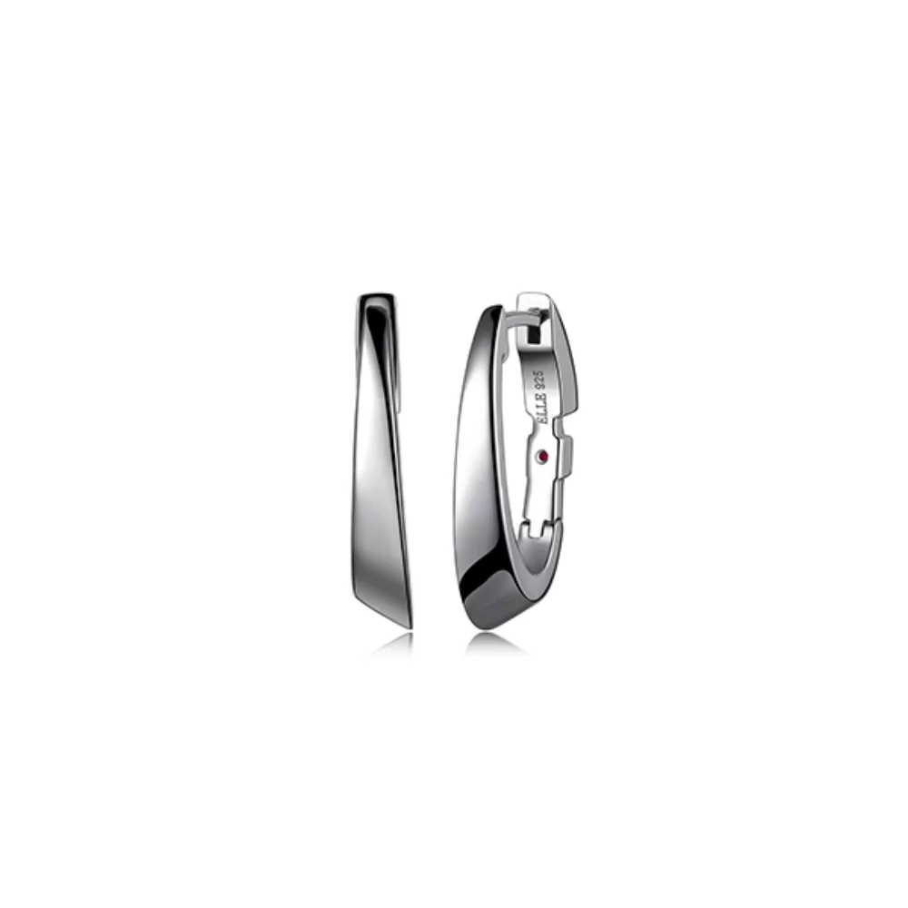 ELLE "Hoops" Sterling Silver Angled 25 mm Mechanical Hoop Earrings with Security Lock - Silver