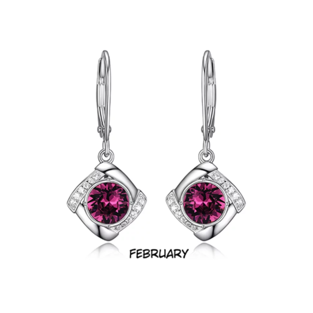 ELLE FEB "Birthstone" (Amethyst) and Signity Cubic Zirconia with Lever Back Earrings