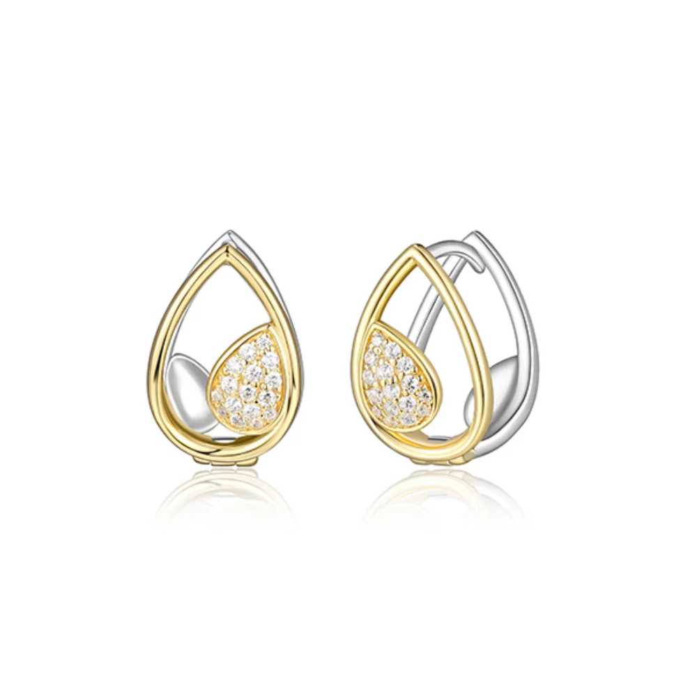 ELLE "Moon Shadow" Sterling Silver Cubic Zirconia 3D Huggie Hoop Earrings - Silver and Gold