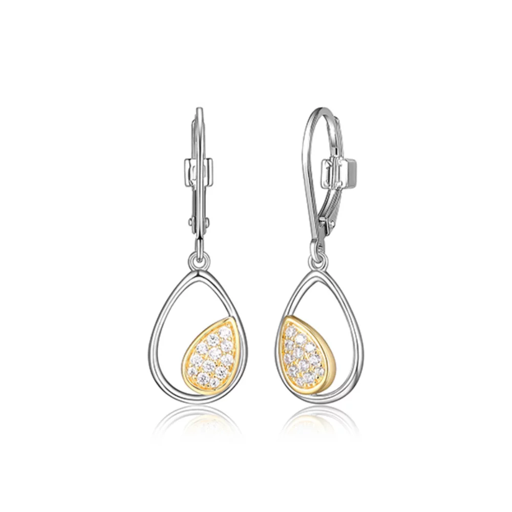 ELLE "Moon Shadow" Sterling Silver Cubic Zirconia Dangle Lever Back Earrings - Silver and Gold