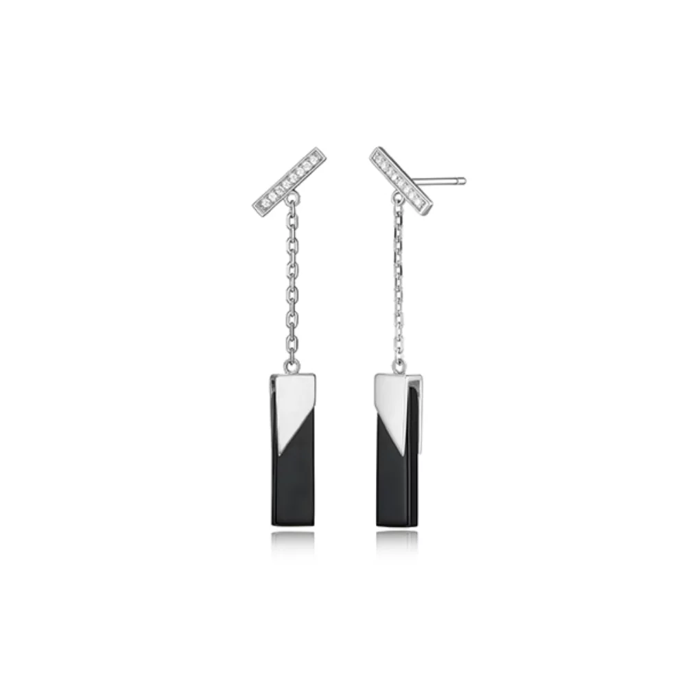 ELLE "Spatial" Sterling Silver Agate and Cubic Zirconia Bar Drop Stud Earrings - Silver