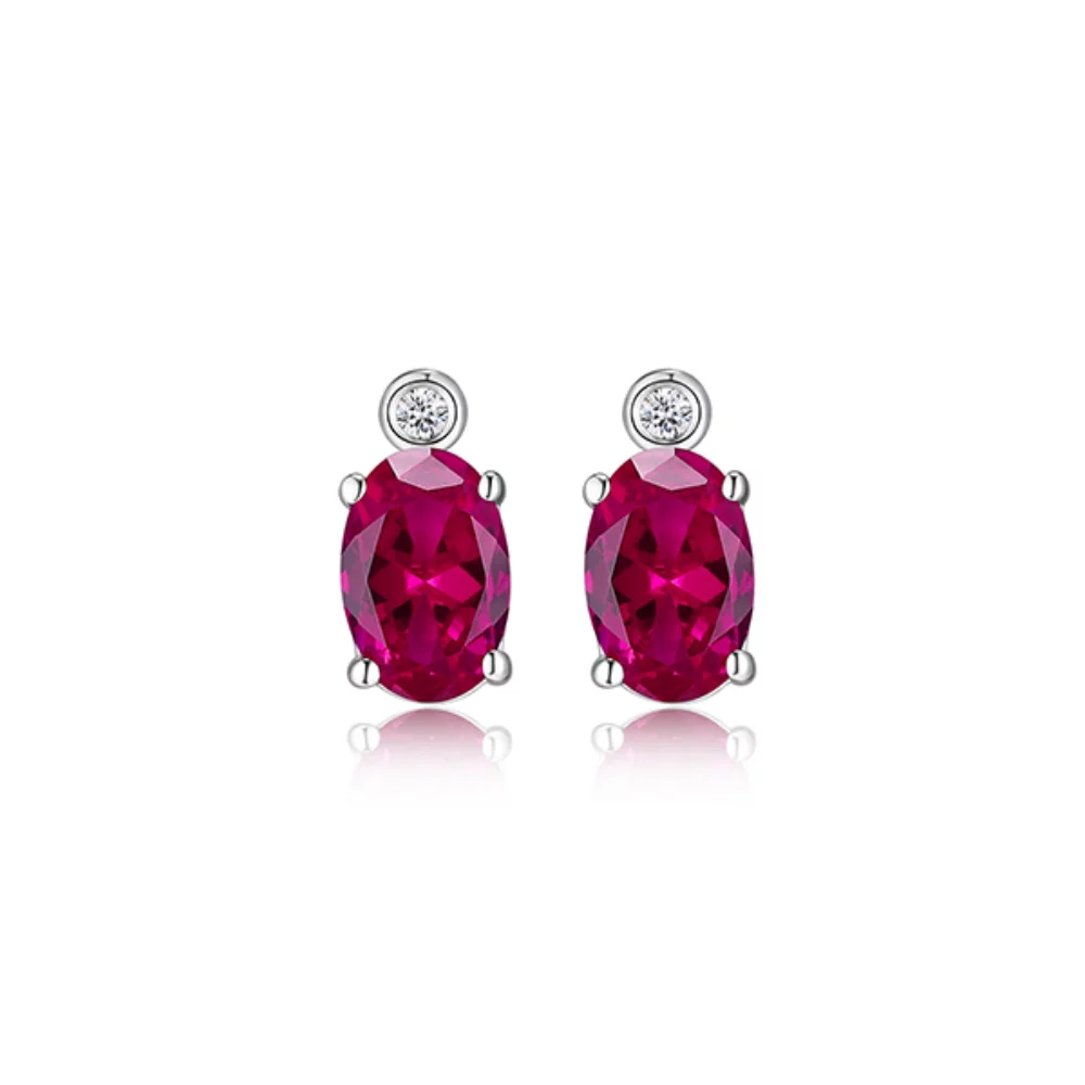 ELLE "Holiday Stars" Oval Created Ruby and Lab Grown Diamond Stud Earrings - Silver