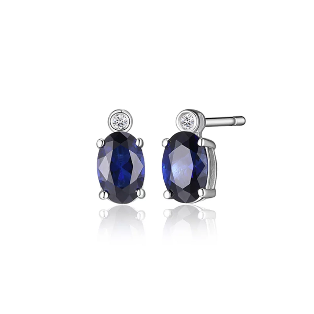 ELLE "Blue Star" Sterling Silver Created Sapphire and Lab Grown Diamond Round Earrings - Silver