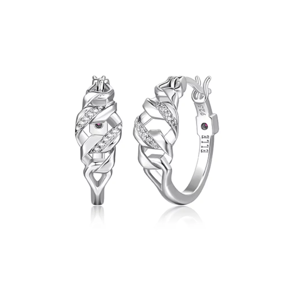 ELLE "Lattice" Sterling Silver Hexagon Link and Pave Cubic Zirconia Hoop Earrings - Silver