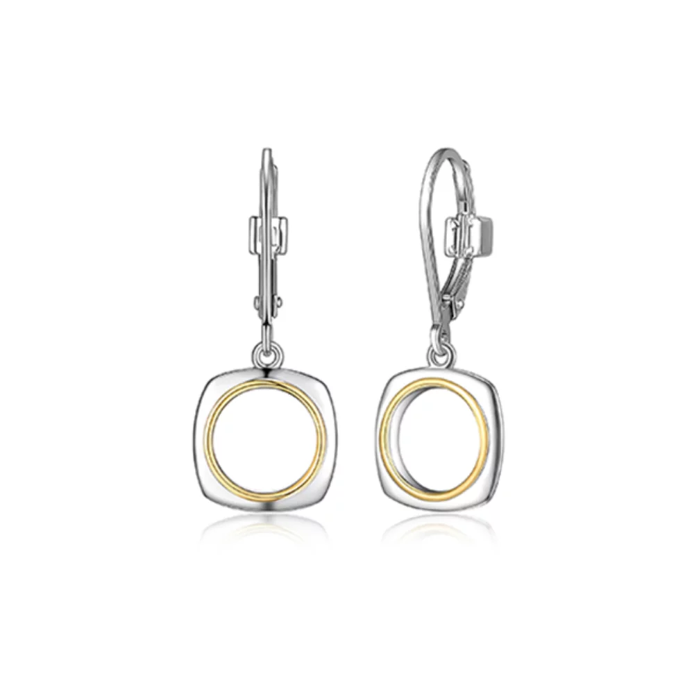 ELLE "Aureole" Sterling Silver 2-Tone Open Square Drop Earrings - Silver and Gold