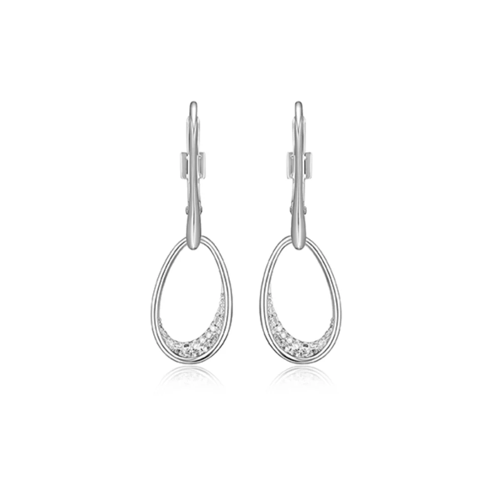 ELLE "Lake Mirror" Sterling Silver Oviform Pave Cubic Zirconia Dangle Earrings - Silver